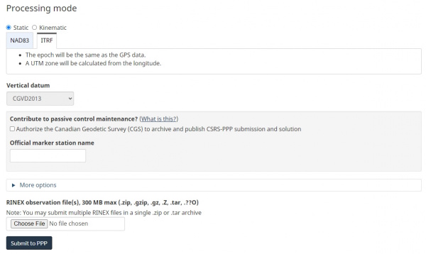 Selecting ITRF upload on CSRS for PPP