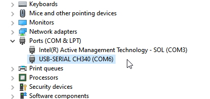 CH340 is on COM6 as shown in Device Manager