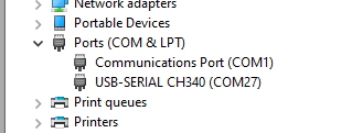 Device Manager showing USB-Serial CH340 port on COM27