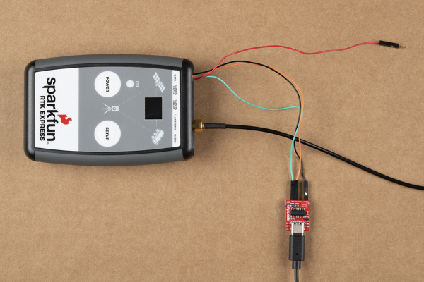 Wires connected to a SparkFun USB C to Serial adapter