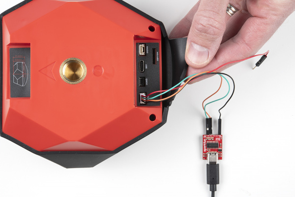 Wires connected to a SparkFun USB C to Serial adapter