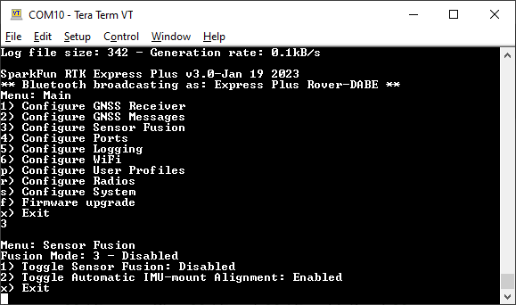 Sensor menu from serial prompt