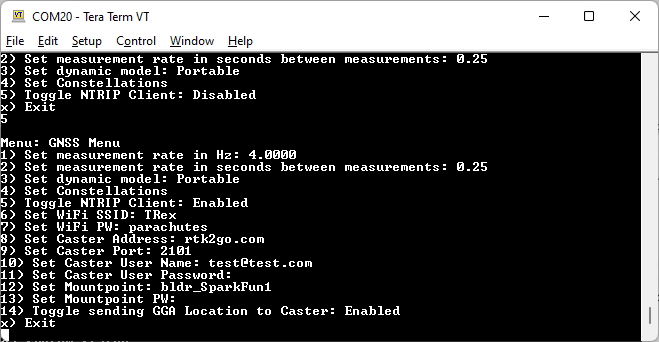 GNSS menu showing measurement rates and dynamic model