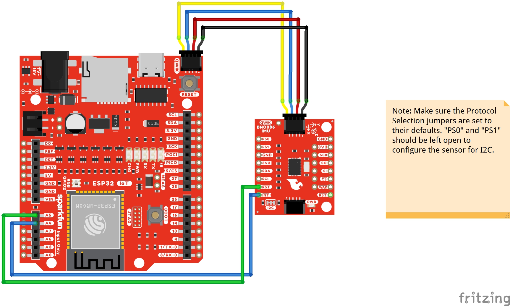 Hookup with ESP32 between the BNO086 using the Qwiic Port, Interrupt, and Reset Pins